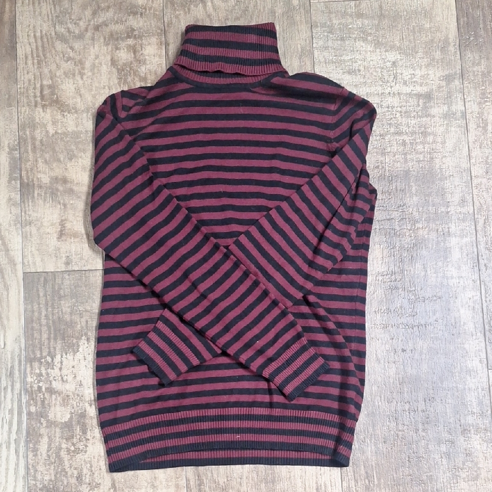Burgundy and Black Striped Cowl Turtleneck Sweater
